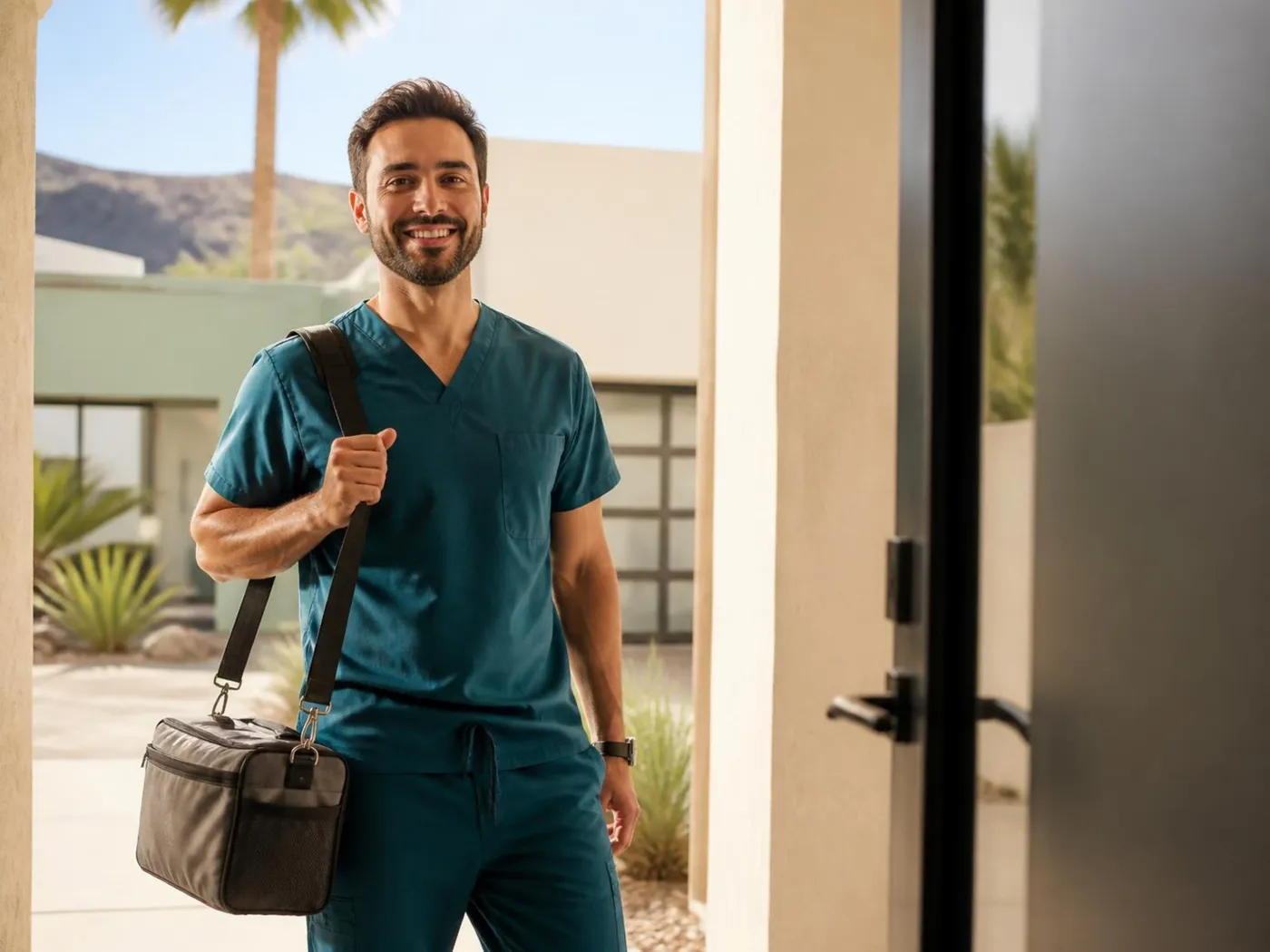 A mobile phlebotomist arriving at a home's front door with a medical bag