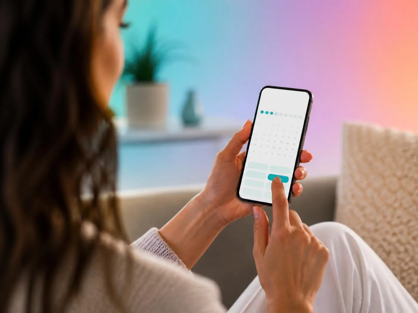 A woman booking an appointment on her phone at home