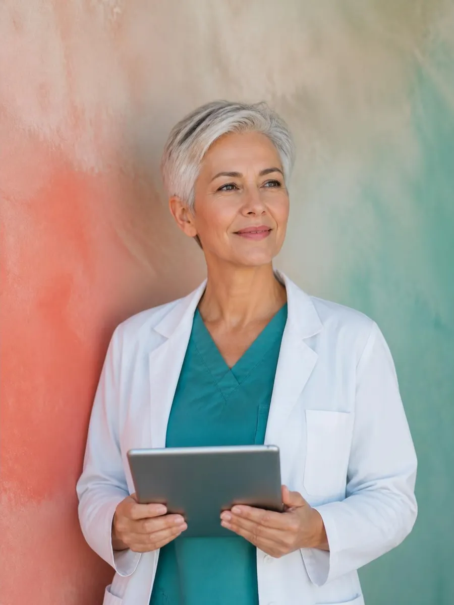 A clinician in a white coat holding a tablet