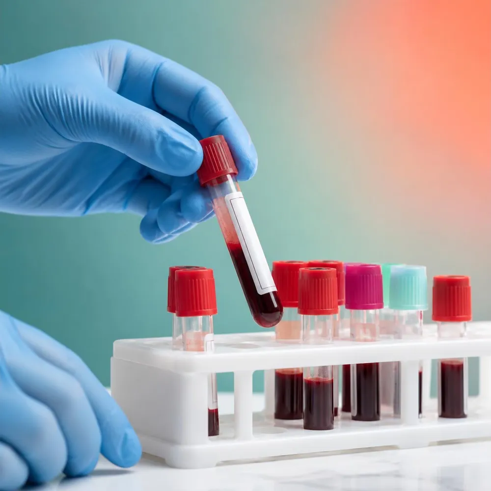 Labeled blood collection tubes in a rack